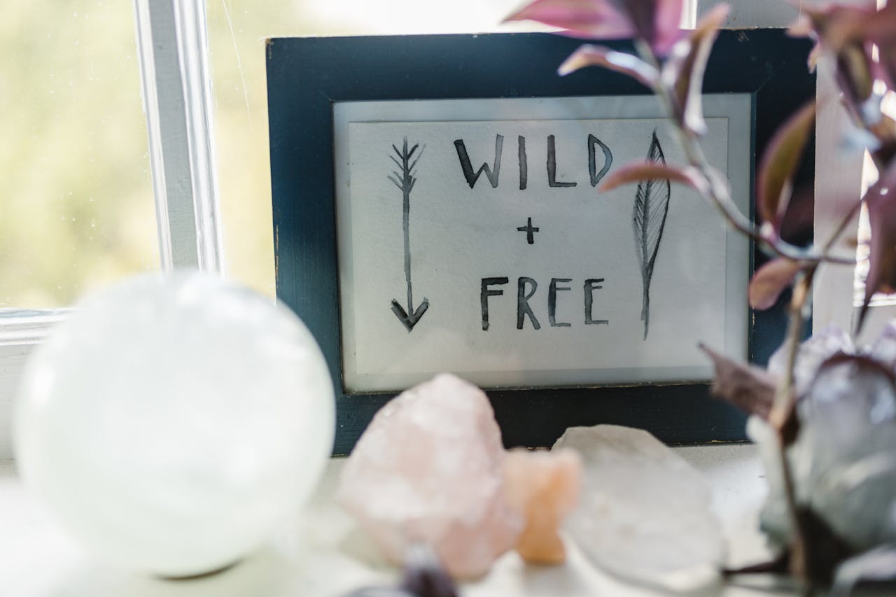 A serene setup featuring crystals and a sign reading u0022Wild + Freeu0022 in a sunlit space.